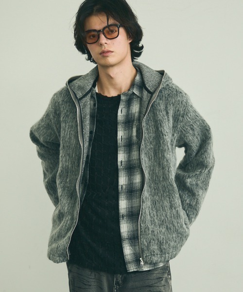 セール】Mohair like double full zip hoodie / モヘアライク