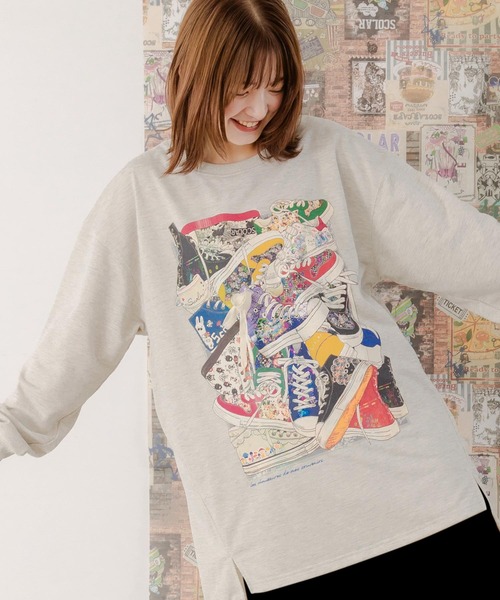 ScoLar（スカラー）の「151626：いろんなシューズ柄チュニック（Tシャツ/カットソー・レディース・オートミール/ブラック・M）」の2枚目の写真