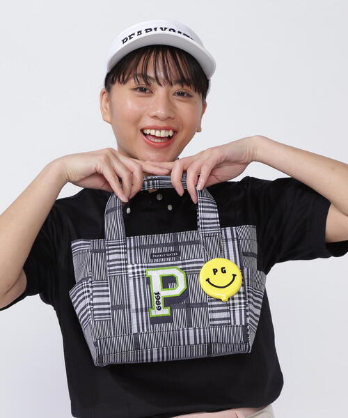 【新品未使用】 PG SMILEチャーム付き チェック柄カートバッグ PEARLY GATES】PG SMILEチャーム付き チェック柄カートバッグ (UNISEX)