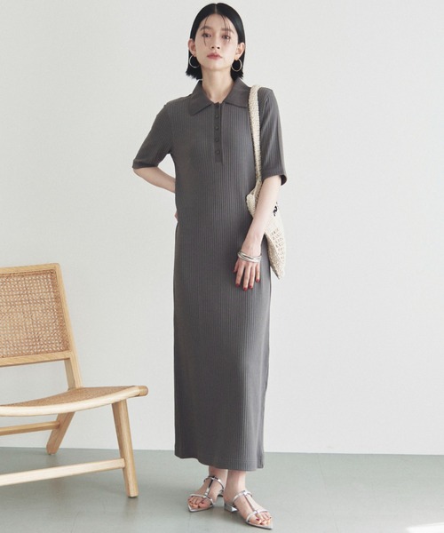 Doux archives（ドゥアルシーヴ）の「衿付カットリブワンピース（ワンピース・レディース・チャコールグレー/ブラック/グリーン系その他・FREE）」の3枚目の写真