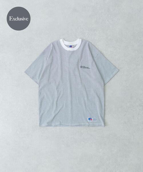 Russell Athletic(ラッセルアスレティック)の「『別注』RUSSELL ATHLETIC×UR BORDER SHORT-SLEEVE TEE(Tシャツ/カットソー・メンズ・ホワイト/ネイビー/ブラック・MEDIUM/LARGE)」の2枚目の写真