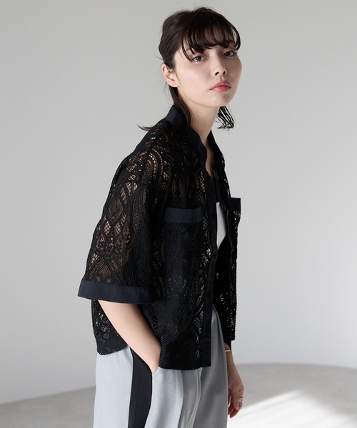 レースシャツ セール】Cropped lace shirt バンドカラークロップドレース