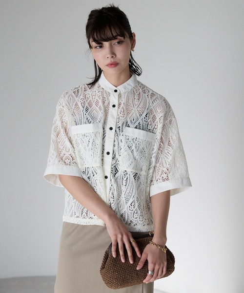 セール】Cropped lace shirt バンドカラークロップドレース