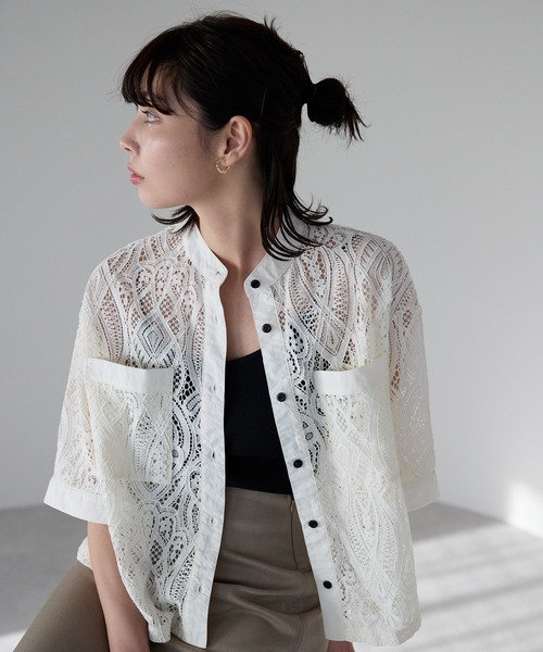 セール】Cropped lace shirt バンドカラークロップドレース