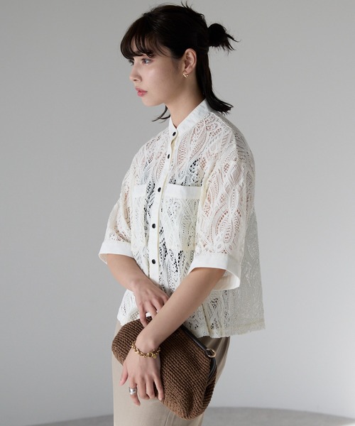 SOTT（ソット）の「Cropped lace shirt バンドカラークロップドレースシャツ（シャツ/ブラウス・レディース・ブラック/オフホワイト・FREE）」の15枚目の写真