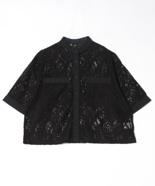 セール】Cropped lace shirt バンドカラークロップドレース