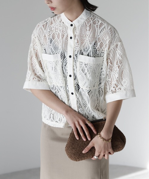 SOTT(ソット)の「Cropped lace shirt バンドカラークロップドレースシャツ(シャツ/ブラウス・レディース・ブラック/オフホワイト・FREE)」の15枚目の写真