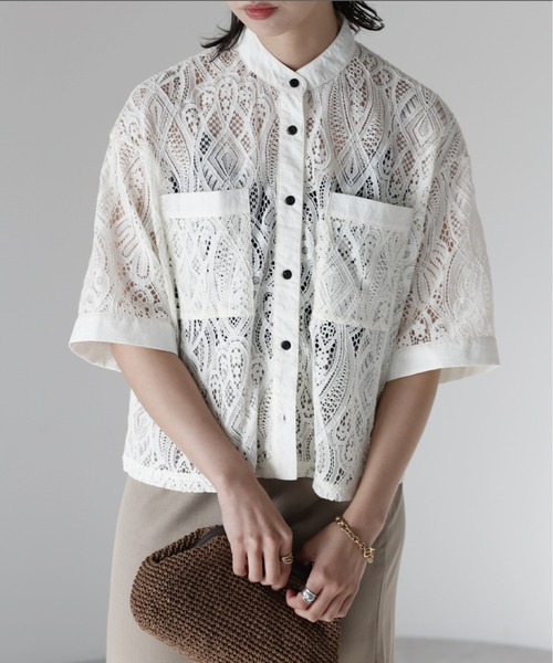 SOTT(ソット)の「Cropped lace shirt バンドカラークロップドレースシャツ(シャツ/ブラウス・レディース・ブラック/オフホワイト・FREE)」の18枚目の写真