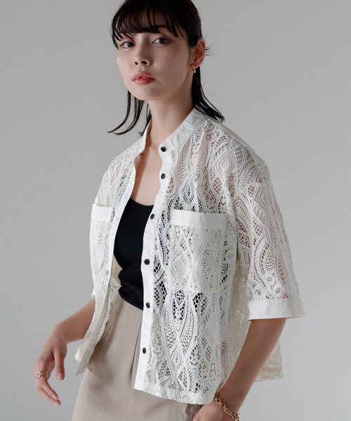 SOTT(ソット)の「Cropped lace shirt バンドカラークロップドレースシャツ(シャツ/ブラウス・レディース・ブラック/オフホワイト・FREE)」の22枚目の写真