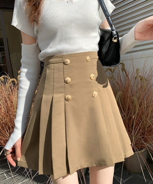 SEU（エスイーユー）の「ハイウエスト プリーツミニスカート フレアミニスカート 台形スカート 裏地付き 韓国（スカート・レディース・グレー/ホワイト/ブラック/ブラウン・L/M）」の4枚目の写真