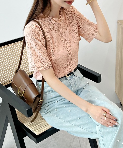 Futier land(フューティアランド)の「上品に着映える。総レース半袖トップス / レースブラウス(Tシャツ/カットソー・レディース・ブラック/ホワイト/ピンク/ベージュ・MEDIUM/LARGE)」の16枚目の写真