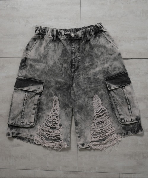 Starting Over（スターティングオーバー）の「damage wide cargo bermuda shorts/ダメージ ワイド カーゴ  バミューダショーツ（カーゴパンツ・メンズ・ブラック/グレー・L/M）」の14枚目の写真
