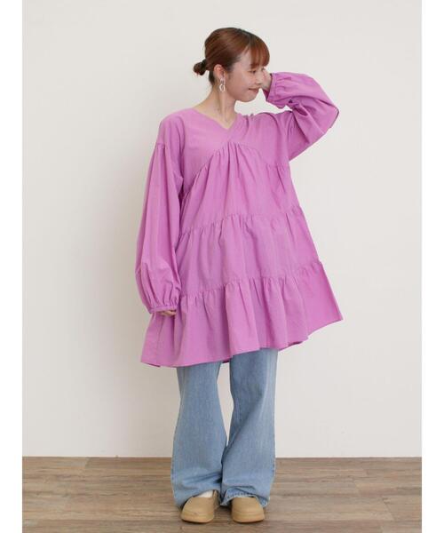 Samansa Mos2（サマンサ モスモス）の「ティアードVネックチュニック（シャツ/ブラウス・レディース・ブラック/ブルー/オフホワイト/ピンク・F）」の5枚目の写真