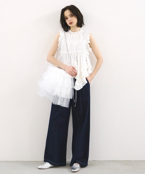 PERNA(ペルナ)の「ギャザーペプラムノースリーブブラウス(シャツ/ブラウス・レディース・ホワイト/ブラック・FREE)」の9枚目の写真