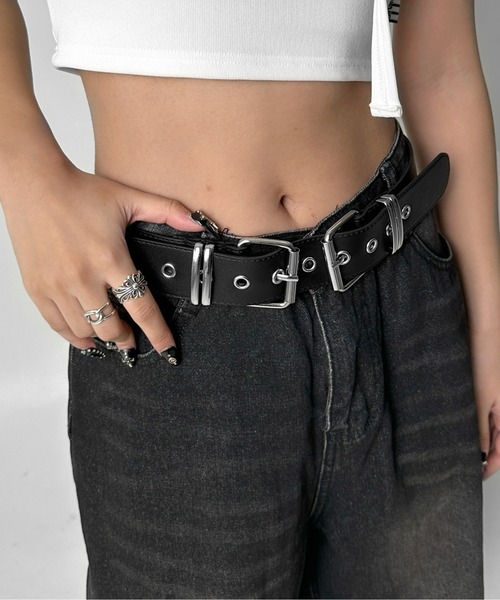 LVEU.（ラブユ.）の「【LVEU.】シンメトリーバックルベルト / ベルト グッズ 服飾雑貨 フェイクレザー ダブルバックル シンメトリー ハトメ ブラック（ベルト・レディース・ブラック・FREE）」の11枚目の写真