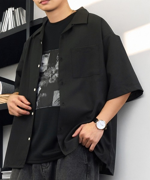 L'atelier(ラトリエ)の「ワイド シャツ 開襟 無地 切替 ハーフスリーブ(シャツ/ブラウス・メンズ・ブラック系1/グレー系1/ブルー系1/ホワイト系その他2/ブラック系その他2/ブルー系その他2/ホワイト系1・M/L)」の5枚目の写真