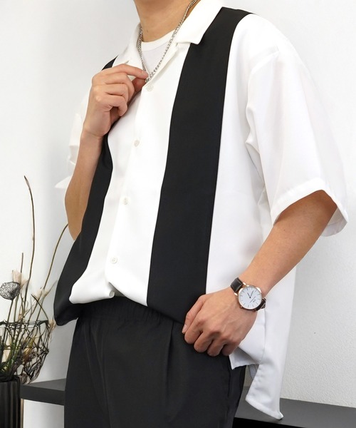 L'atelier(ラトリエ)の「ワイド シャツ 開襟 無地 切替 ハーフスリーブ(シャツ/ブラウス・メンズ・ブラック系1/グレー系1/ブルー系1/ホワイト系その他2/ブラック系その他2/ブルー系その他2/ホワイト系1・M/L)」の2枚目の写真
