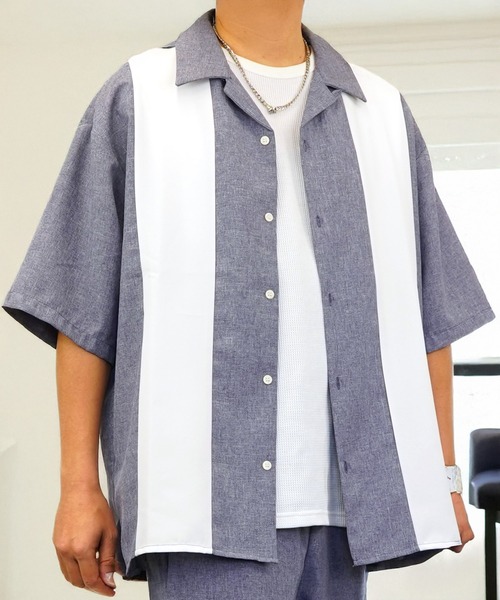 L'atelier(ラトリエ)の「ワイド シャツ 開襟 無地 切替 ハーフスリーブ(シャツ/ブラウス・メンズ・ブラック系1/グレー系1/ブルー系1/ホワイト系その他2/ブラック系その他2/ブルー系その他2/ホワイト系1・M/L)」の1枚目の写真