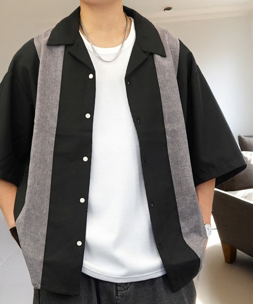 L'atelier(ラトリエ)の「ワイド シャツ 開襟 無地 切替 ハーフスリーブ(シャツ/ブラウス・メンズ・ブラック系1/グレー系1/ブルー系1/ホワイト系その他2/ブラック系その他2/ブルー系その他2/ホワイト系1・M/L)」の18枚目の写真