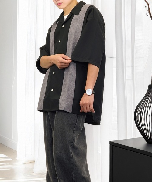 L'atelier(ラトリエ)の「ワイド シャツ 開襟 無地 切替 ハーフスリーブ(シャツ/ブラウス・メンズ・ブラック系1/グレー系1/ブルー系1/ホワイト系その他2/ブラック系その他2/ブルー系その他2/ホワイト系1・M/L)」の19枚目の写真