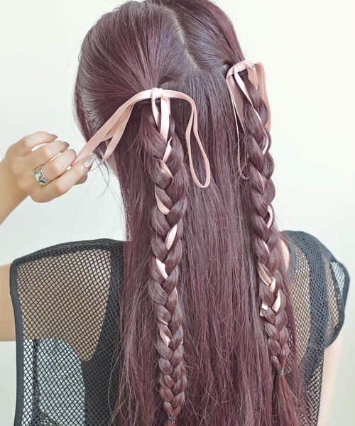 styiro(スタイロ)の「ダブルリボンヘアゴム 2個セット(ヘアゴム・レディース・ブルー/ブラック/アイボリー/ピンクベージュ/ラベンダー/イエロー・FREE)」の2枚目の写真