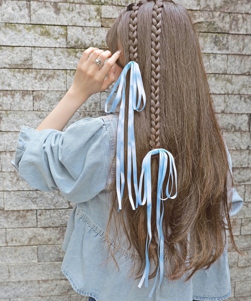 styiro(スタイロ)の「ダブルリボンヘアゴム 2個セット(ヘアゴム・レディース・ブルー/ブラック/アイボリー/ピンクベージュ/ラベンダー/イエロー・FREE)」の4枚目の写真
