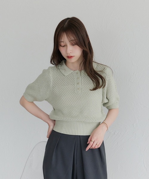 新品 ゴルフ　パフスリーブニット　プライムニットポロシャツ　人気春夏 raffime（ラフィミー）の「【Raffime】パフスリーブニットポロシャツ