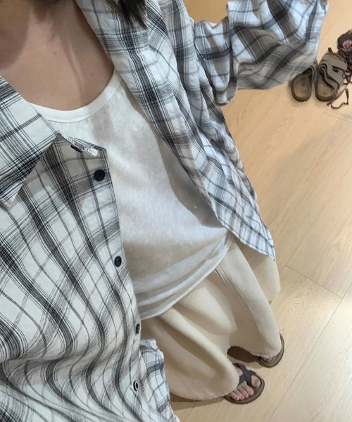 Lace Ladies(レースレディース)の「チェック柄 オーバーサイズ 長袖 ロング シャツ(シャツ/ブラウス・レディース・ホワイト/ブラック/モカ・FREE)」の10枚目の写真