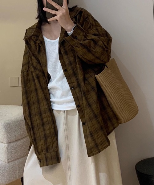 Lace Ladies(レースレディース)の「チェック柄 オーバーサイズ 長袖 ロング シャツ(シャツ/ブラウス・レディース・ホワイト/ブラック/モカ・FREE)」の14枚目の写真