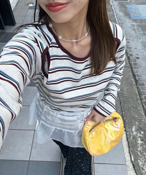 HELLO.SANFRANCISCO(ハローサンフランシスコ)の「【HELLO.SANFRANCISCO/ハローサンフランシスコ】カットアウトマルチボーダーTEE(Tシャツ/カットソー・レディース・ブラウン/オフホワイト/グレー・ONE SIZE)」の3枚目の写真