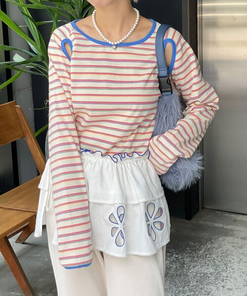 HELLO.SANFRANCISCO(ハローサンフランシスコ)の「【HELLO.SANFRANCISCO/ハローサンフランシスコ】カットアウトマルチボーダーTEE(Tシャツ/カットソー・レディース・ブラウン/オフホワイト/グレー・ONE SIZE)」の5枚目の写真