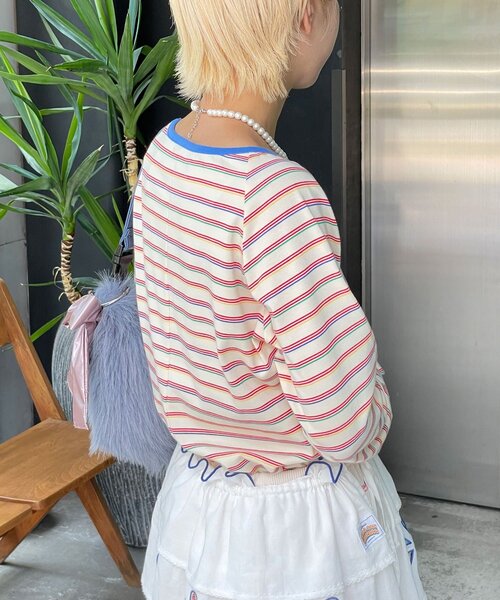 HELLO.SANFRANCISCO(ハローサンフランシスコ)の「【HELLO.SANFRANCISCO/ハローサンフランシスコ】カットアウトマルチボーダーTEE(Tシャツ/カットソー・レディース・ブラウン/オフホワイト/グレー・ONE SIZE)」の6枚目の写真