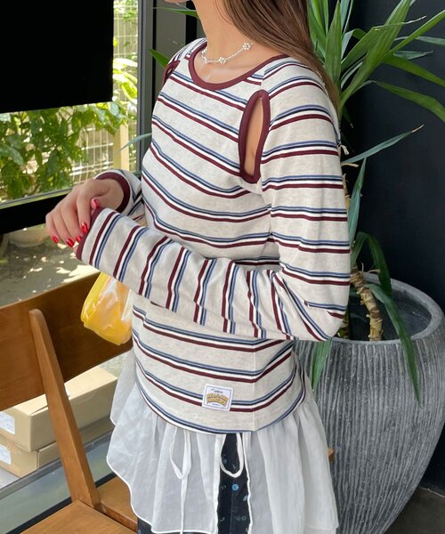 HELLO.SANFRANCISCO(ハローサンフランシスコ)の「【HELLO.SANFRANCISCO/ハローサンフランシスコ】カットアウトマルチボーダーTEE(Tシャツ/カットソー・レディース・ブラウン/オフホワイト/グレー・ONE SIZE)」の12枚目の写真