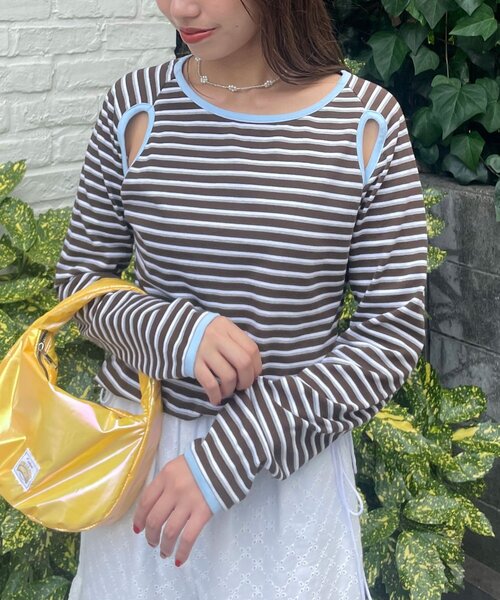 HELLO.SANFRANCISCO(ハローサンフランシスコ)の「【HELLO.SANFRANCISCO/ハローサンフランシスコ】カットアウトマルチボーダーTEE(Tシャツ/カットソー・レディース・ブラウン/オフホワイト/グレー・ONE SIZE)」の18枚目の写真