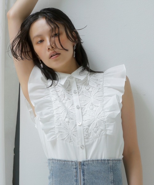 【MARK & LONA】スカル刺繍ハーフスリーブシャツ　フリル 肩フリル刺繍シャツ（シャツ/ブラウス）｜AND COUTURE（アンド