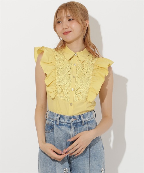 【MARK & LONA】スカル刺繍ハーフスリーブシャツ　フリル ☆SALE☆【リンク】襟お花刺繍デザインブラウス（S309025