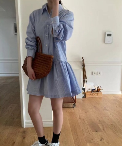 cammie(キャミー)の「シャツ切り替えミニワンピース(シャツワンピース・レディース・ブルー/ホワイト・L/M)」の9枚目の写真