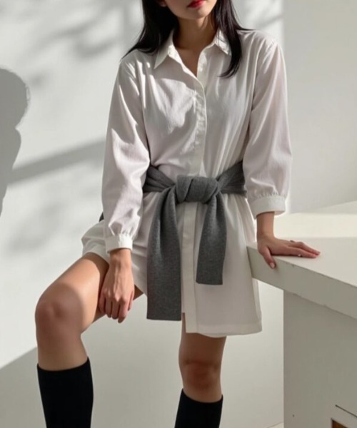 cammie(キャミー)の「シャツ切り替えミニワンピース(シャツワンピース・レディース・ブルー/ホワイト・L/M)」の5枚目の写真