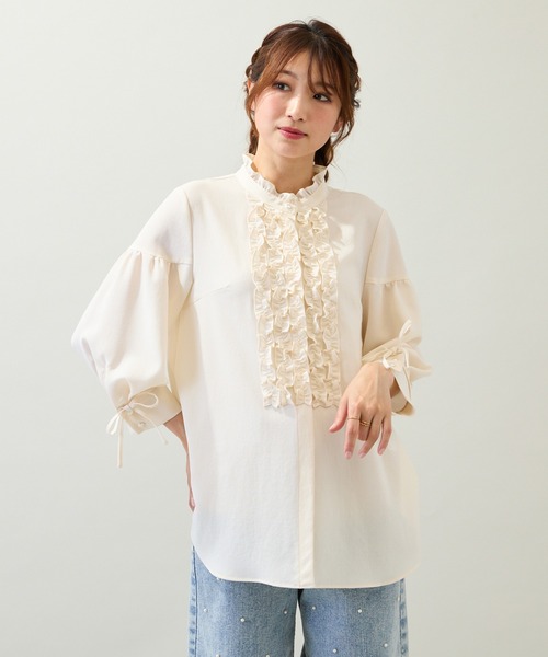 Rose Tiara（ローズティアラ）の「【接触冷感/イージーケア/手洗いOK】フリルブラウス（シャツ/ブラウス・レディース・オフホワイト/オレンジ/ブラック・46/42/38）」の9枚目の写真