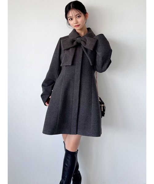 りぼん♡さま★エムズグレイシー　ダークグレー リボン付きフレアスリーブ コート セール】ビッグリボンミディコート【完売カラーは品番：1526100148で
