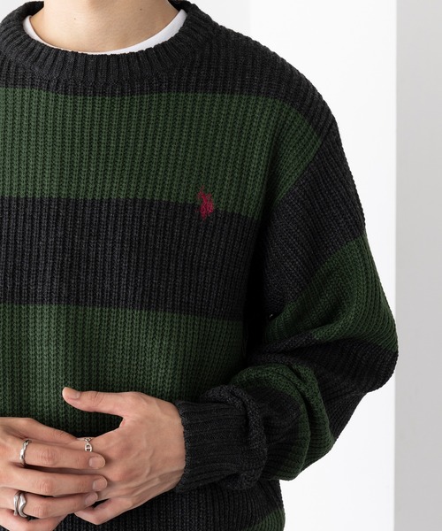 U.S. POLO ASSN.(ユーエスポロアッスン)の「【U.S. POLO ASSN.】ワンポイントロゴ ポニー刺繍 ラグビーストライプ クルーニット RUGBY STRIPES CREW SWE(ニット/セーター・メンズ・ネイビー/パープル/グリーン・S/M/L)」の14枚目の写真
