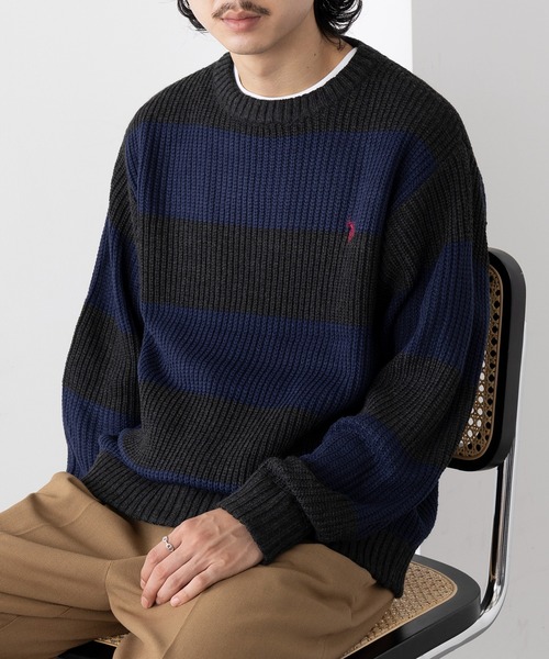 U.S. POLO ASSN.(ユーエスポロアッスン)の「【U.S. POLO ASSN.】ワンポイントロゴ ポニー刺繍 ラグビーストライプ クルーニット RUGBY STRIPES CREW SWE(ニット/セーター・メンズ・ネイビー/パープル/グリーン・S/M/L)」の5枚目の写真