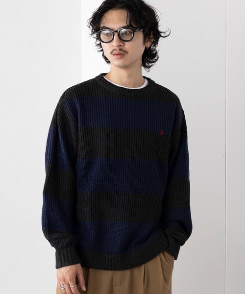 U.S. POLO ASSN.(ユーエスポロアッスン)の「【U.S. POLO ASSN.】ワンポイントロゴ ポニー刺繍 ラグビーストライプ クルーニット RUGBY STRIPES CREW SWE(ニット/セーター・メンズ・ネイビー/パープル/グリーン・S/M/L)」の7枚目の写真