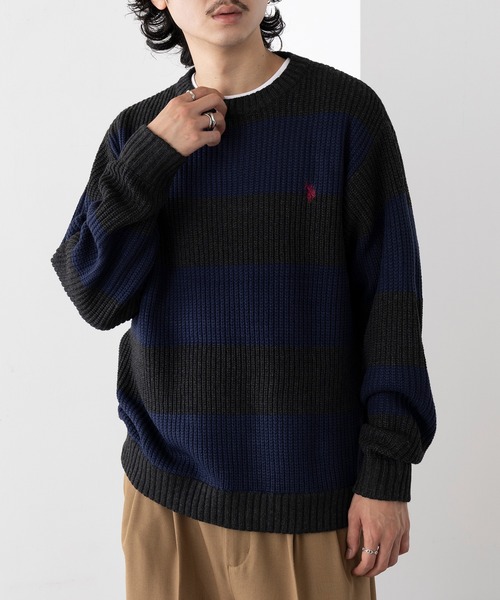 U.S. POLO ASSN.(ユーエスポロアッスン)の「【U.S. POLO ASSN.】ワンポイントロゴ ポニー刺繍 ラグビーストライプ クルーニット RUGBY STRIPES CREW SWE(ニット/セーター・メンズ・ネイビー/パープル/グリーン・S/M/L)」の6枚目の写真
