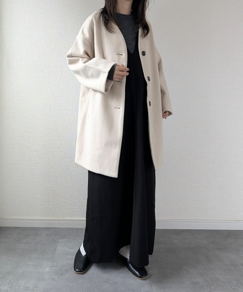 nissen（ニッセン）の「フェイクウールノーカラーコート＜大きいサイズ有＞（ノーカラーコート・レディース・ブラック/サックスブルー/ライトベージュ/モカ・S/M/L/LL/3L）」の3枚目の写真