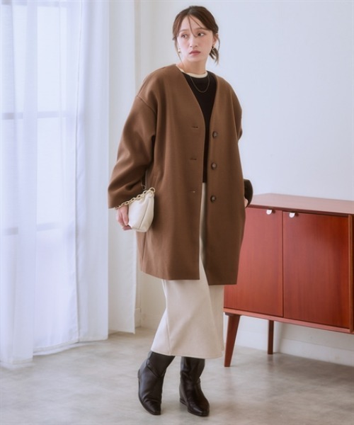 nissen（ニッセン）の「フェイクウールノーカラーコート＜大きいサイズ有＞（ノーカラーコート・レディース・ブラック/サックスブルー/ライトベージュ/モカ・S/M/L/LL/3L）」の21枚目の写真