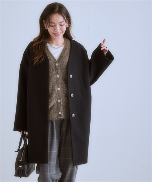 フェイクウールノーカラーコート＜大きいサイズ有＞（ノーカラーコート