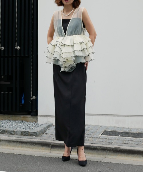 My shawty(マイシャウティー)の「sheer volume top dress(ドレス・レディース・ホワイト×ブラック/ブラック/ライトブルー・SMALL/MEDIUM)」の2枚目の写真