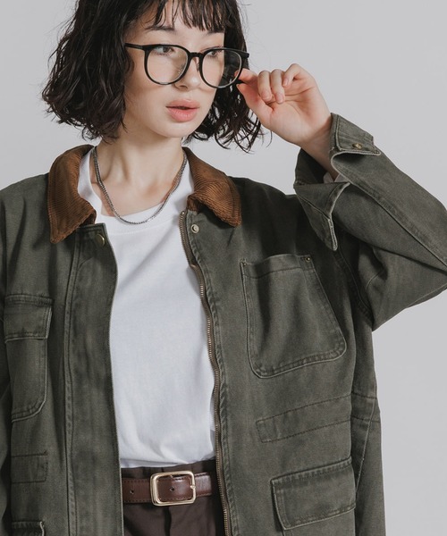 AO2(アオズ)の「Collar Corduroy Panel Design Coveralls / 襟コーデュロイ 切り替えデザイン カバーオール(カバーオール・レディース・カーキ/チャコール/グリーン・FREE)」の1枚目の写真