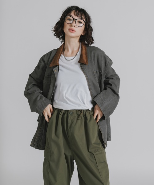 AO2(アオズ)の「Collar Corduroy Panel Design Coveralls / 襟コーデュロイ 切り替えデザイン カバーオール(カバーオール・レディース・カーキ/チャコール/グリーン・FREE)」の6枚目の写真